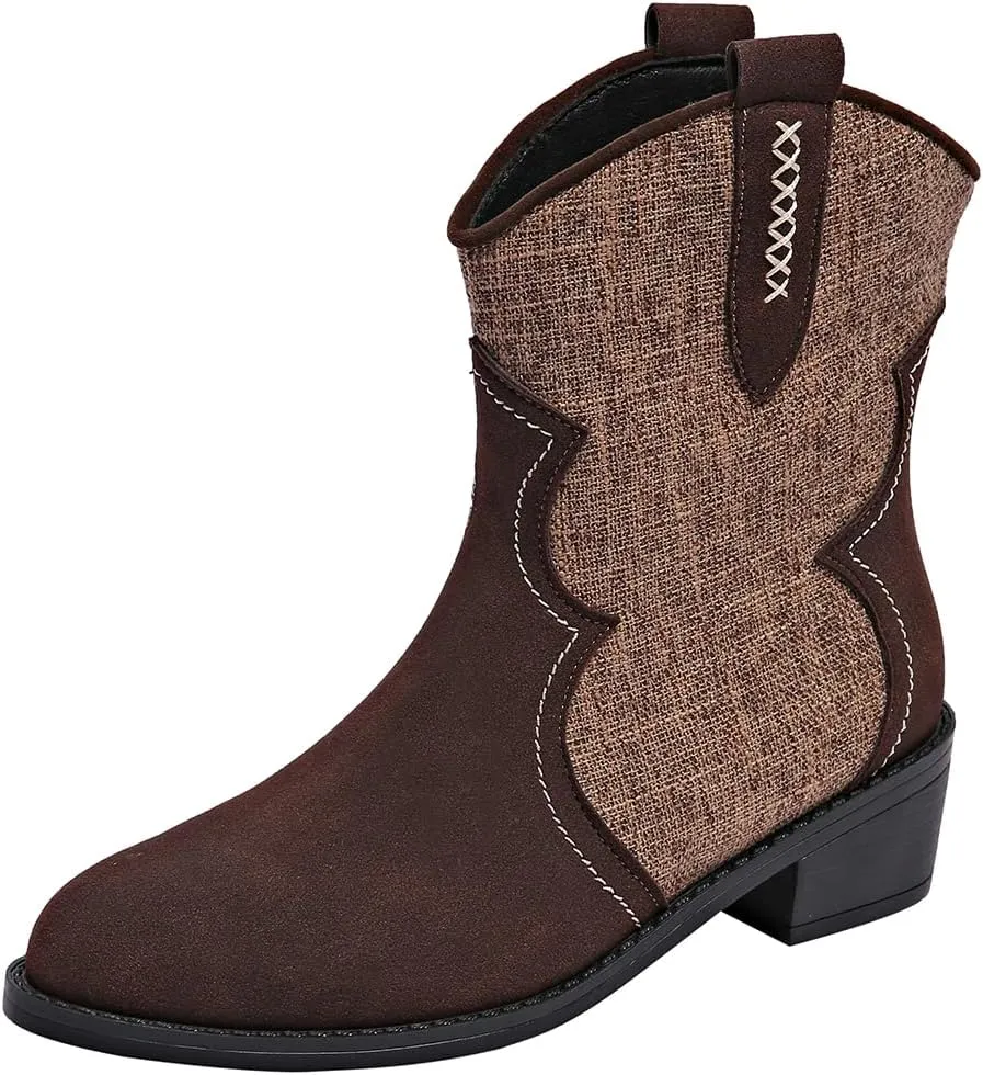 SACFOF Womens Western Boots Pointed Toe Chunky Low Heel Comfy Cowboy Ankle Boots Casual Outdoor Booties