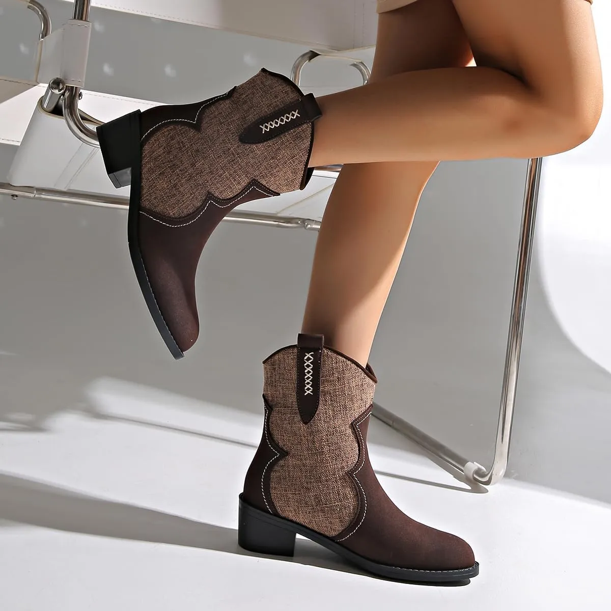 SACFOF Womens Western Boots Pointed Toe Chunky Low Heel Comfy Cowboy Ankle Boots Casual Outdoor Booties