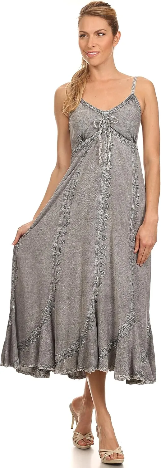 Sakkas Allie Stonewashed Embroidered Adjustable Spaghetti Straps Long Dress