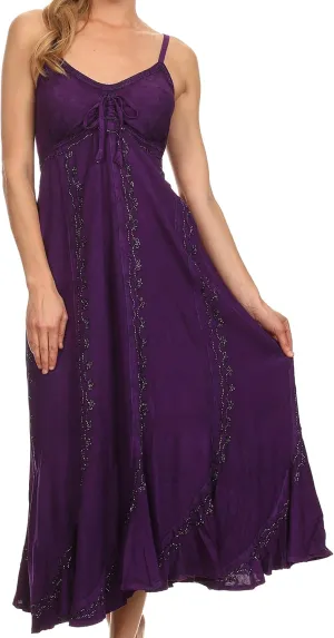 Sakkas Allie Stonewashed Embroidered Adjustable Spaghetti Straps Long Dress