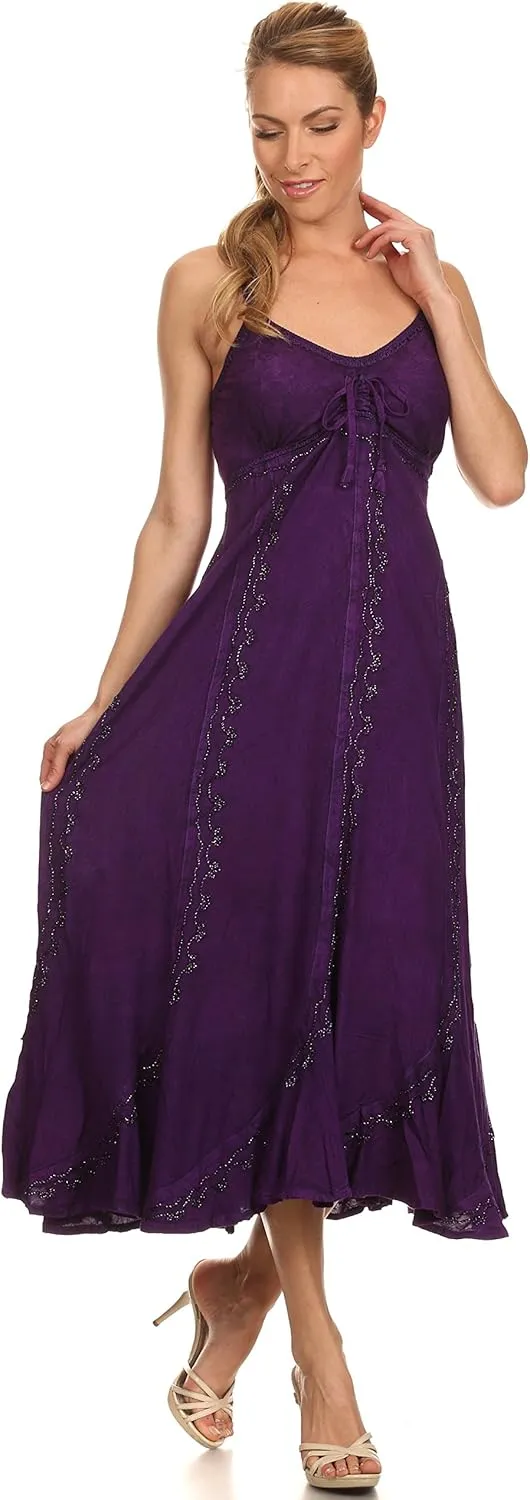 Sakkas Allie Stonewashed Embroidered Adjustable Spaghetti Straps Long Dress