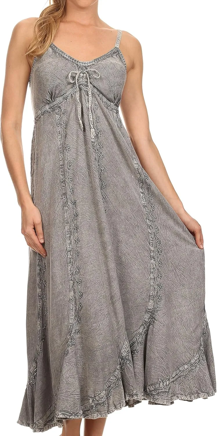 Sakkas Allie Stonewashed Embroidered Adjustable Spaghetti Straps Long Dress