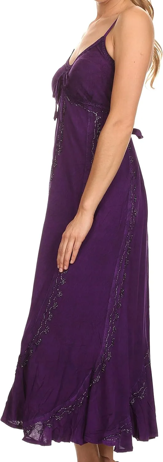 Sakkas Allie Stonewashed Embroidered Adjustable Spaghetti Straps Long Dress