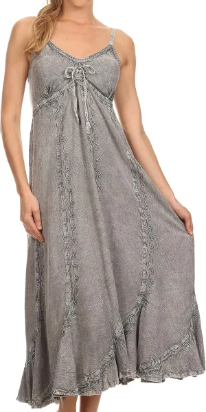Sakkas Allie Stonewashed Embroidered Adjustable Spaghetti Straps Long Dress
