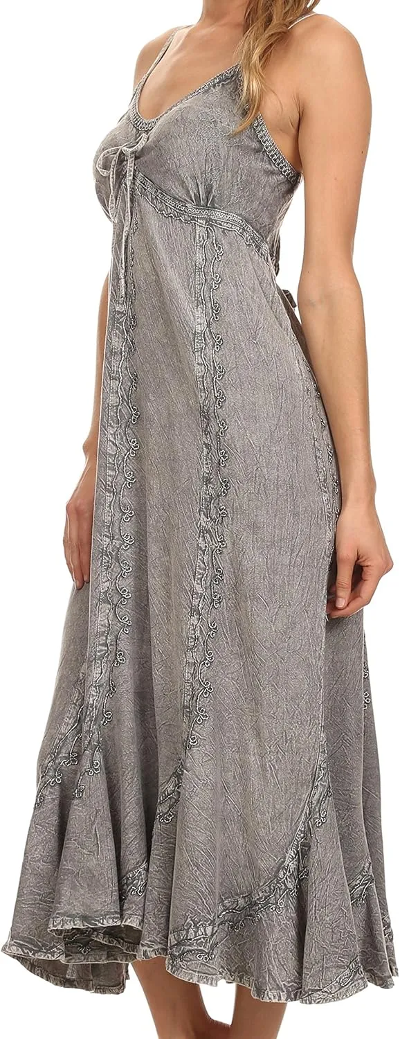 Sakkas Allie Stonewashed Embroidered Adjustable Spaghetti Straps Long Dress