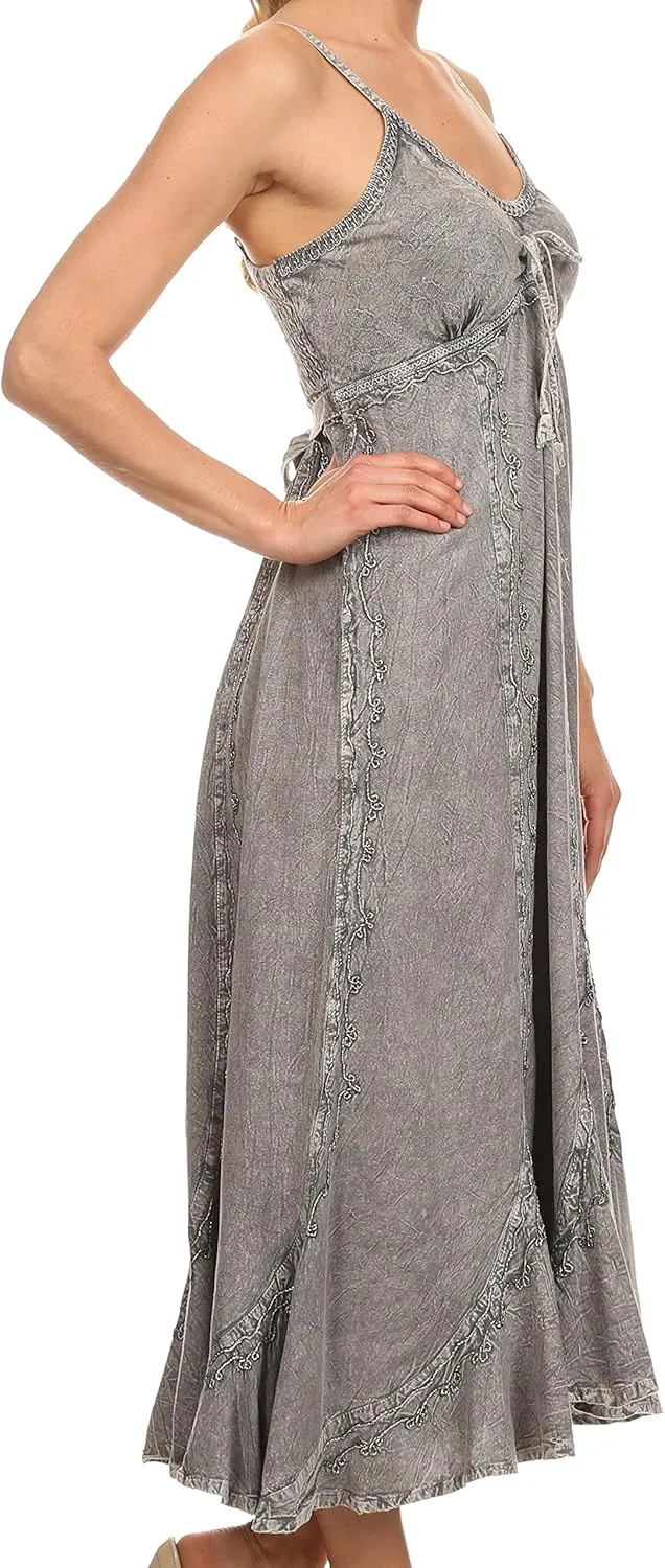 Sakkas Allie Stonewashed Embroidered Adjustable Spaghetti Straps Long Dress