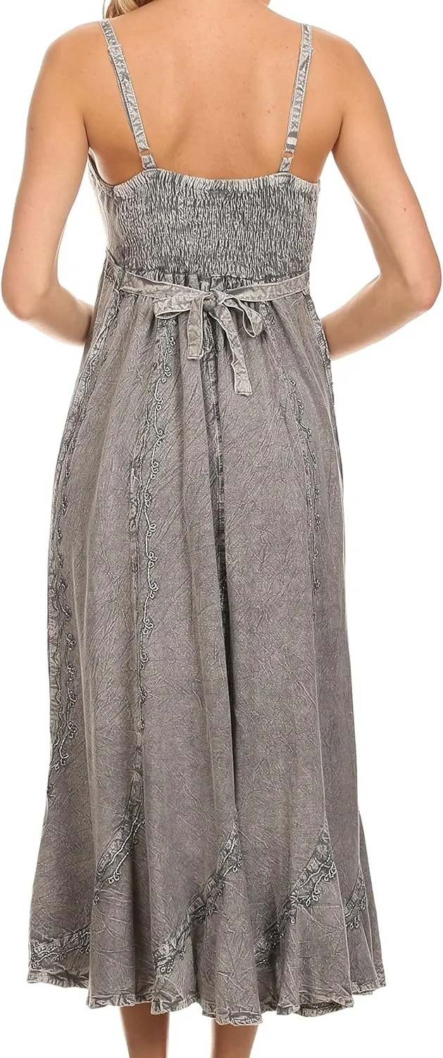 Sakkas Allie Stonewashed Embroidered Adjustable Spaghetti Straps Long Dress