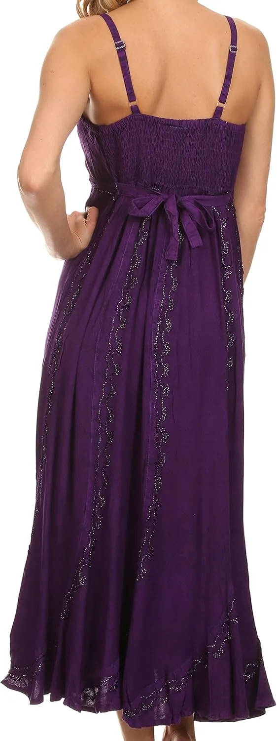 Sakkas Allie Stonewashed Embroidered Adjustable Spaghetti Straps Long Dress