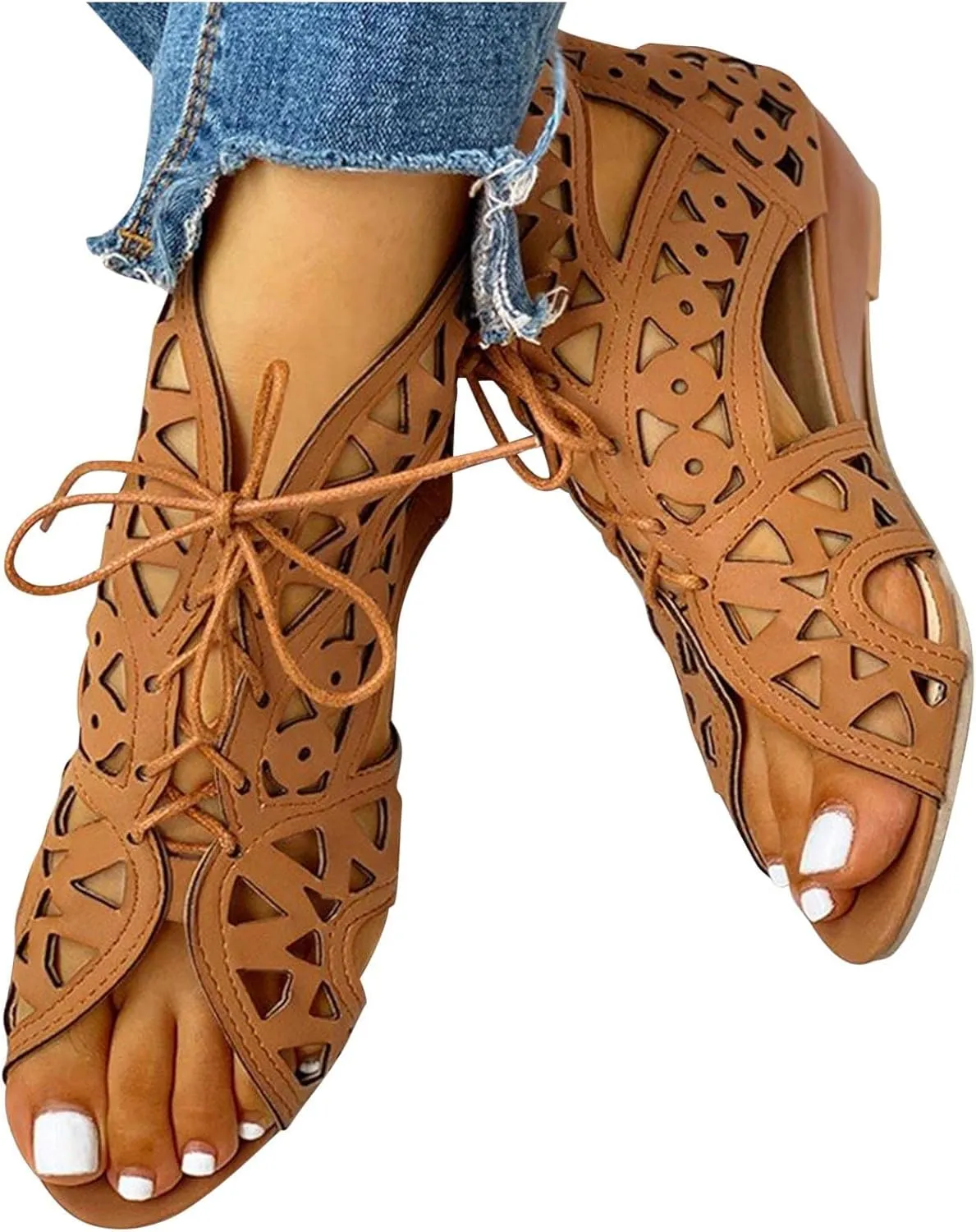 Sandals Women Dressy Summer Flat Fish Mouth Open Toe Cross Straps Lace up Hollow Slides Back Zipper Gladiator Sandals Lightweight Outdoor Ladies Shoes
