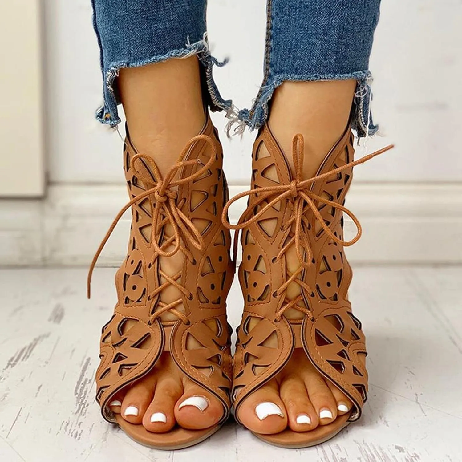 Sandals Women Dressy Summer Flat Fish Mouth Open Toe Cross Straps Lace up Hollow Slides Back Zipper Gladiator Sandals Lightweight Outdoor Ladies Shoes