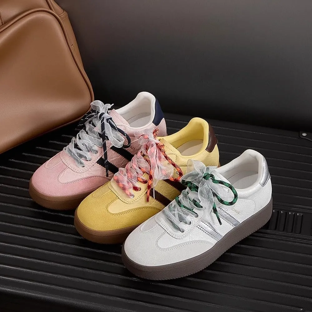 Satin Lace-up Sneakerina Flats Ballet Sneakers Women Girls Cute Y2K Retro Dopamine Leather Round Toes Non-Slip Chunky Sole Platform Tennis Sneakers Preppy Back to School Gifts Daughter Granddaughter