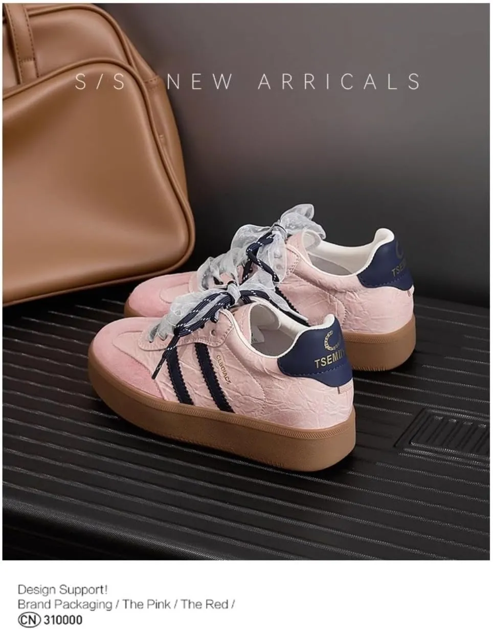 Satin Lace-up Sneakerina Flats Ballet Sneakers Women Girls Cute Y2K Retro Dopamine Leather Round Toes Non-Slip Chunky Sole Platform Tennis Sneakers Preppy Back to School Gifts Daughter Granddaughter
