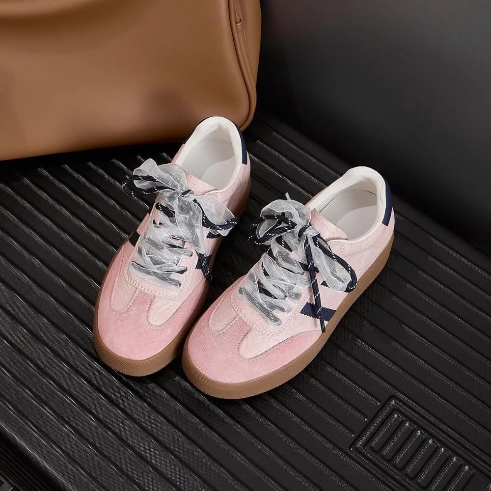 Satin Lace-up Sneakerina Flats Ballet Sneakers Women Girls Cute Y2K Retro Dopamine Leather Round Toes Non-Slip Chunky Sole Platform Tennis Sneakers Preppy Back to School Gifts Daughter Granddaughter