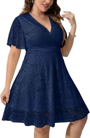 SCOMCHIC Women Plus Size Lace Cocktail Dresses Summer Wrap V Neck Short Sleeve Flowy A Line Wedding Guest Midi Dress