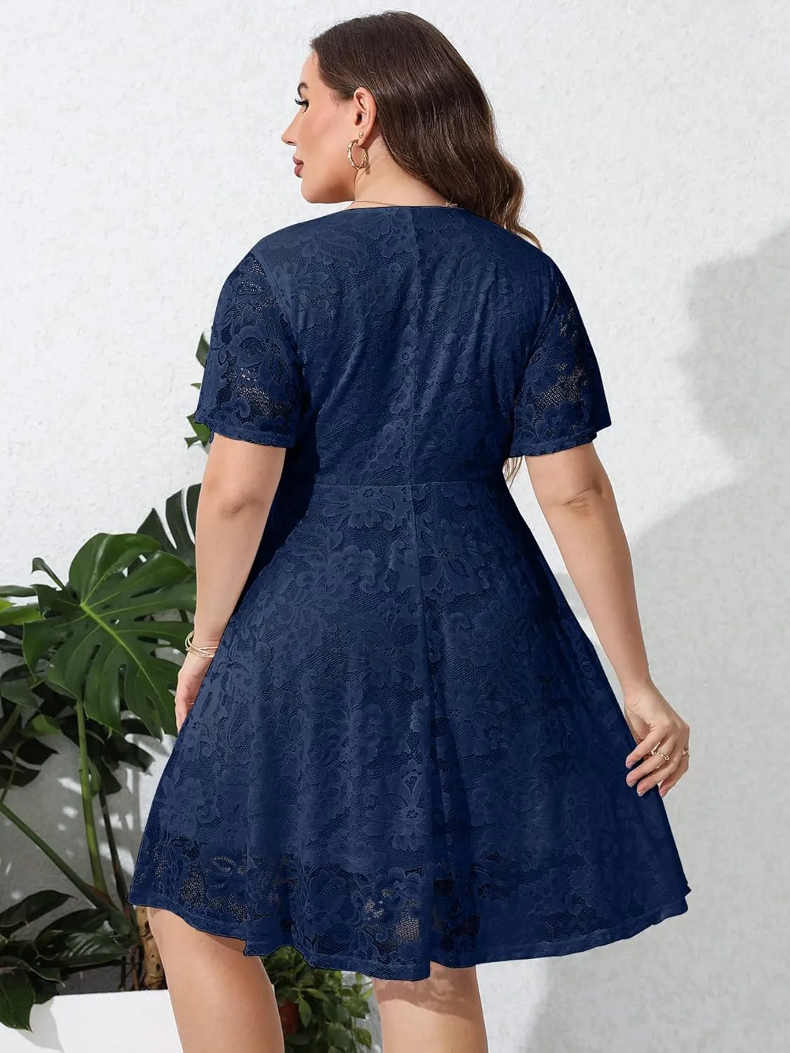 SCOMCHIC Women Plus Size Lace Cocktail Dresses Summer Wrap V Neck Short Sleeve Flowy A Line Wedding Guest Midi Dress