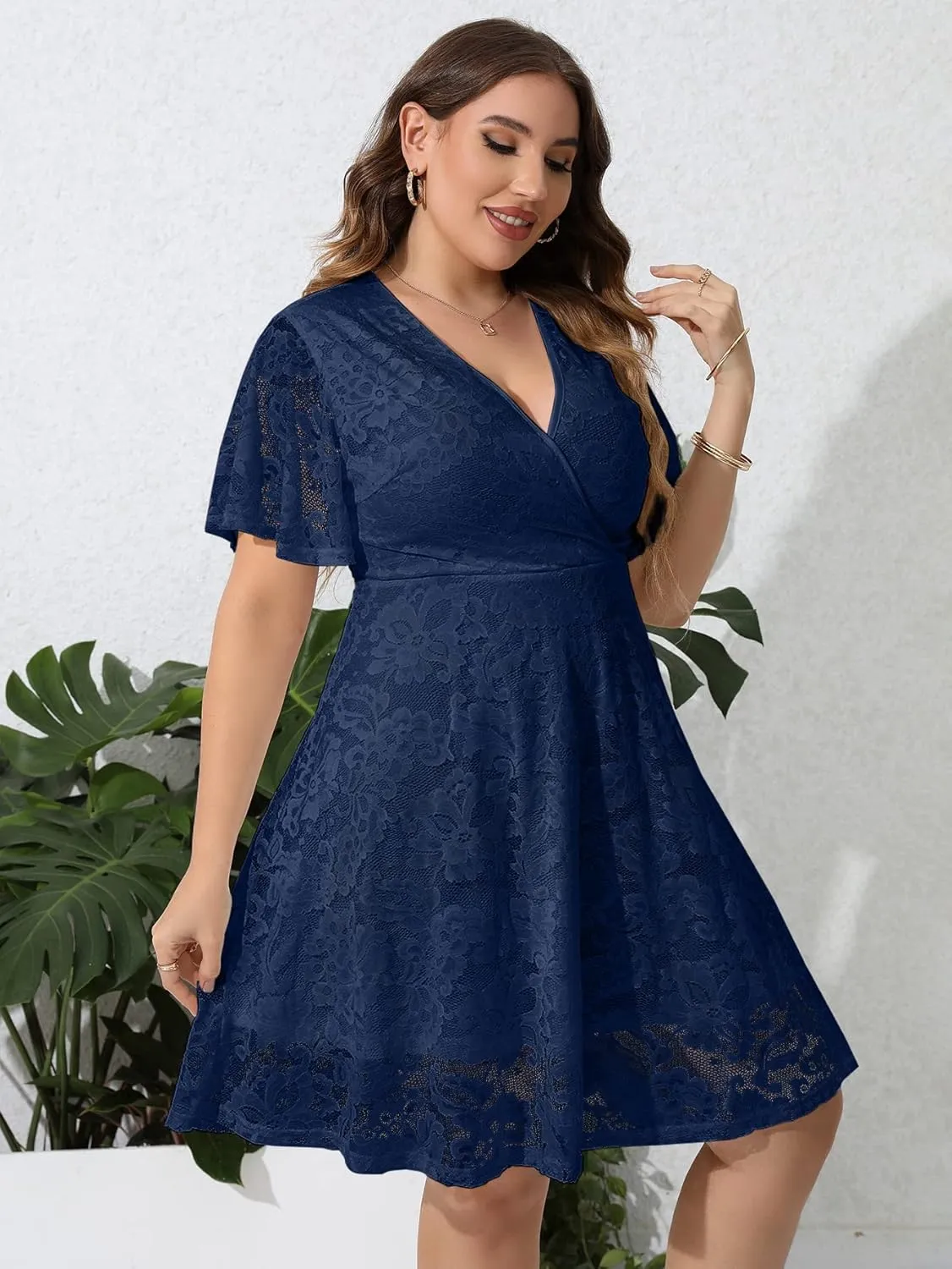 SCOMCHIC Women Plus Size Lace Cocktail Dresses Summer Wrap V Neck Short Sleeve Flowy A Line Wedding Guest Midi Dress