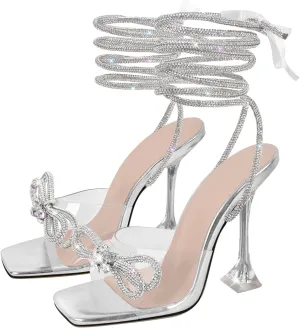 sexytag Clear Heels Diamante Bow Heels Lace Up Strap Rhinestone Sparkly Stiletto Heel Sandals