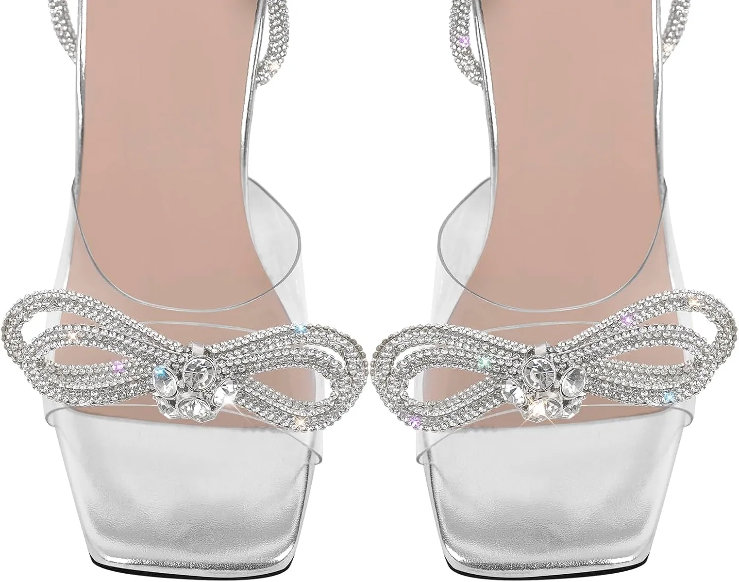 sexytag Clear Heels Diamante Bow Heels Lace Up Strap Rhinestone Sparkly Stiletto Heel Sandals