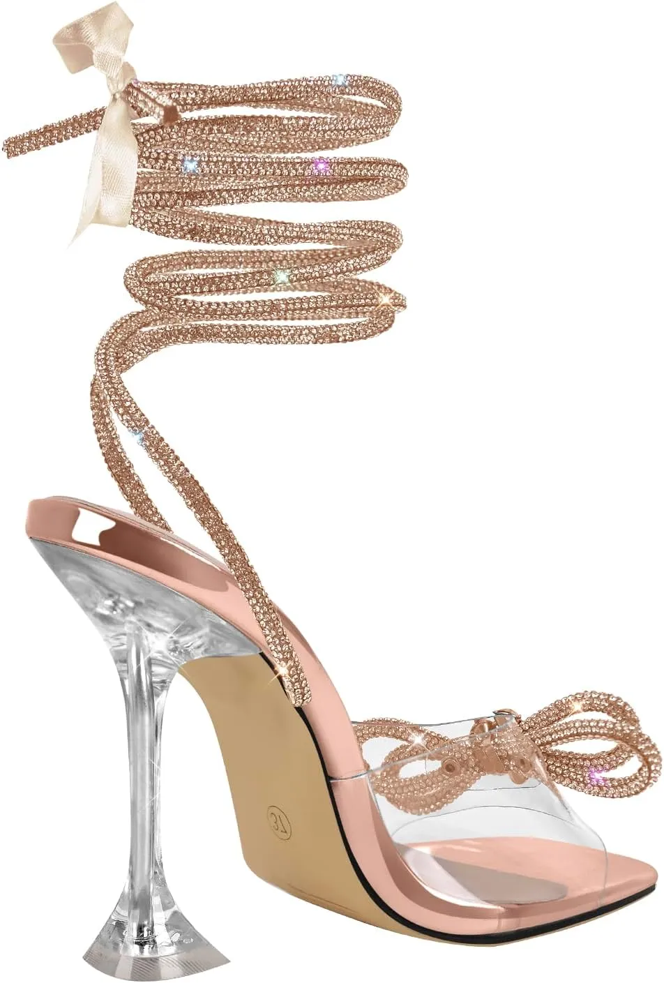 sexytag Clear Heels Diamante Bow Heels Lace Up Strap Rhinestone Sparkly Stiletto Heel Sandals