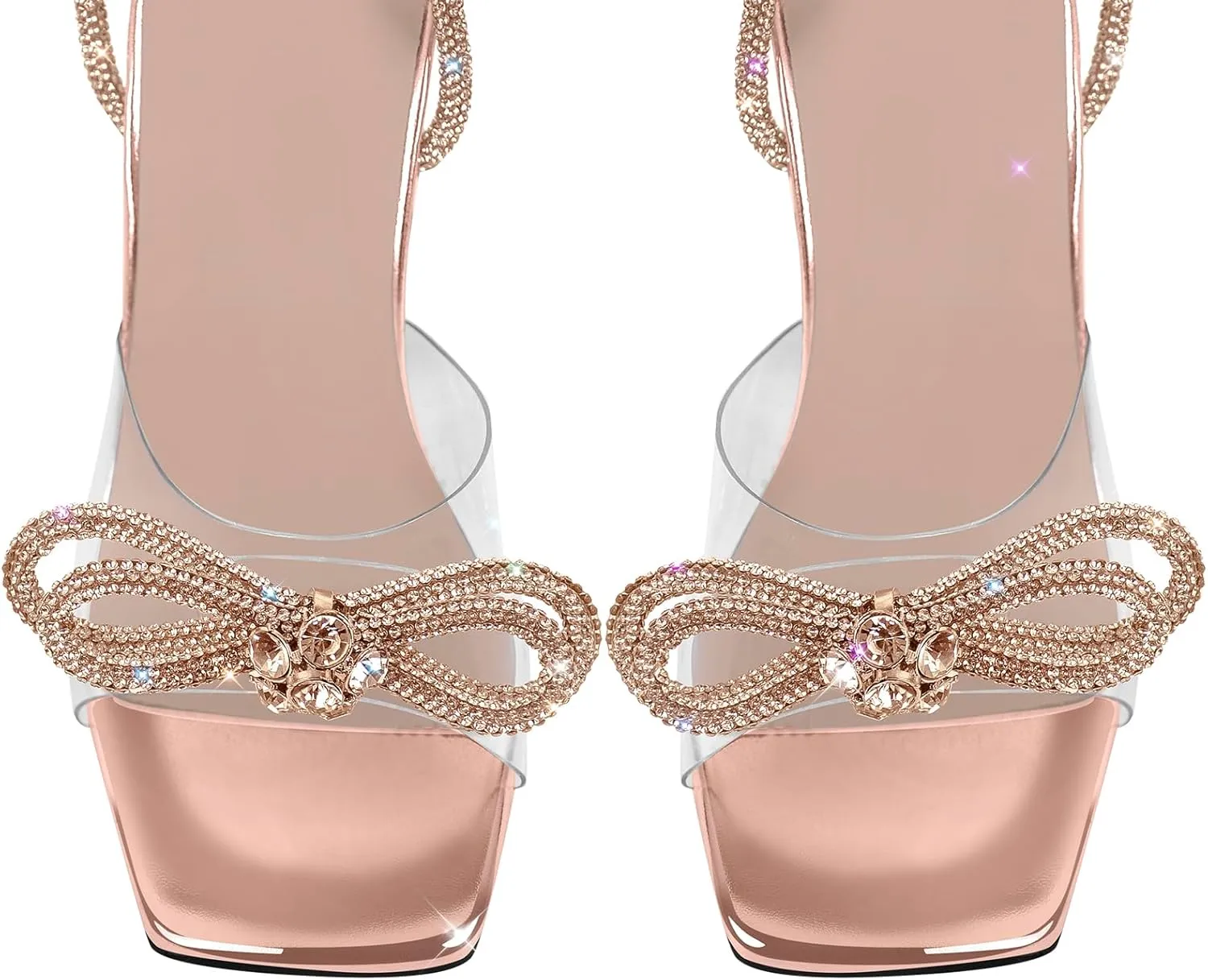 sexytag Clear Heels Diamante Bow Heels Lace Up Strap Rhinestone Sparkly Stiletto Heel Sandals