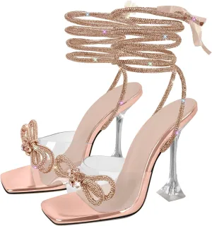 sexytag Clear Heels Diamante Bow Heels Lace Up Strap Rhinestone Sparkly Stiletto Heel Sandals