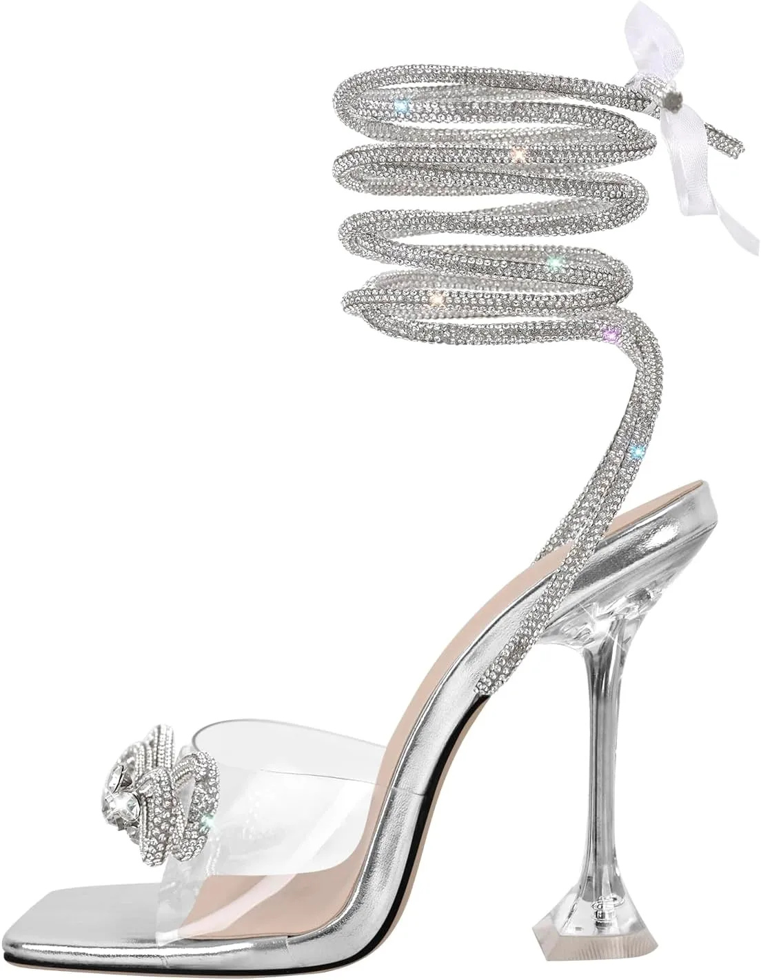 sexytag Clear Heels Diamante Bow Heels Lace Up Strap Rhinestone Sparkly Stiletto Heel Sandals