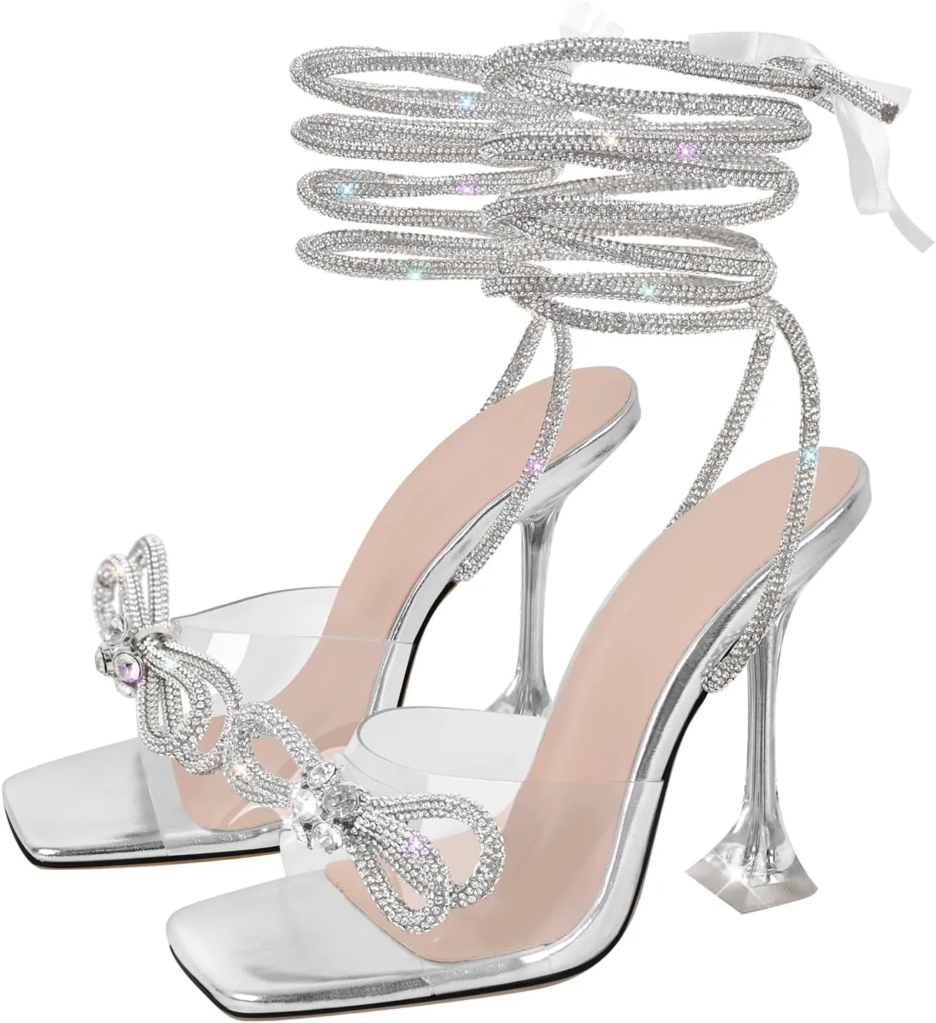 sexytag Clear Heels Diamante Bow Heels Lace Up Strap Rhinestone Sparkly Stiletto Heel Sandals