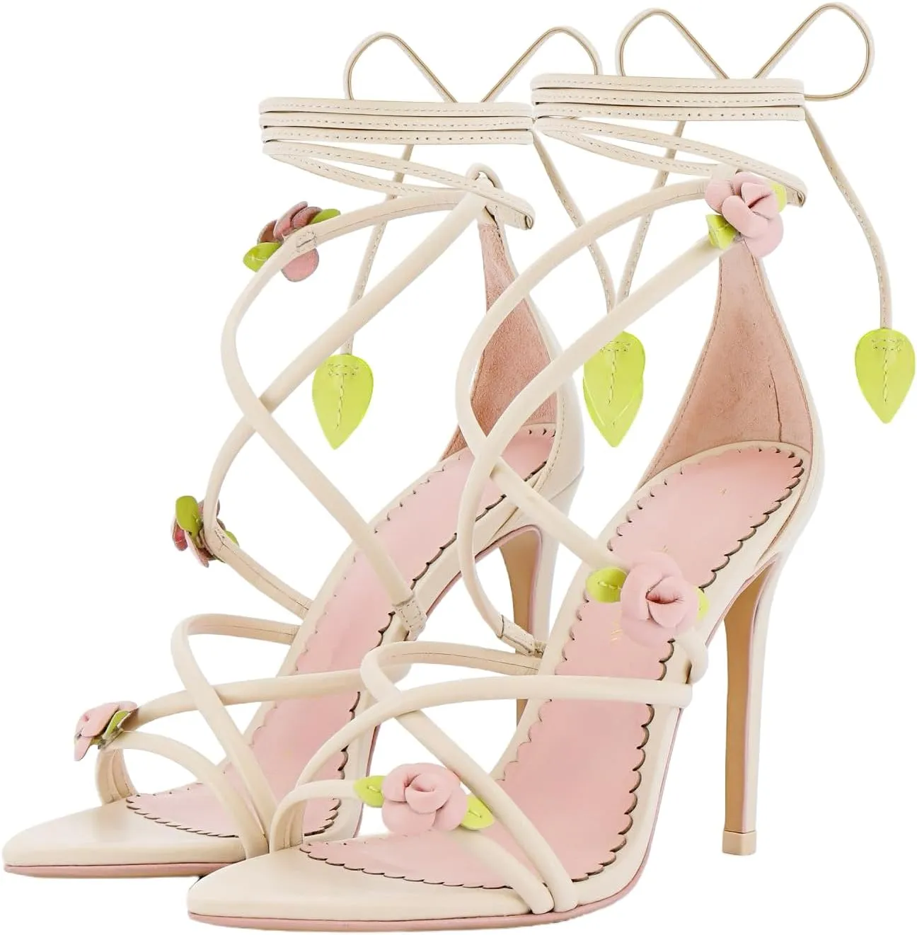 sexytag Floral Ankle Strappy Lace Up Stiletto Heeled Sandals Open Toe Rose Flower Party Wedding Date Dress Shoes