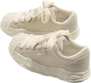 Shell-Toe Wavy Retro Platform Chunky Sneakers for Women & Girls - Y2K Canvas Kawaii Shoes, Comfy All-Match White Casual Trainer for Beach Travel, Birthday Gifts, Back to School, Minimalist Streetwear