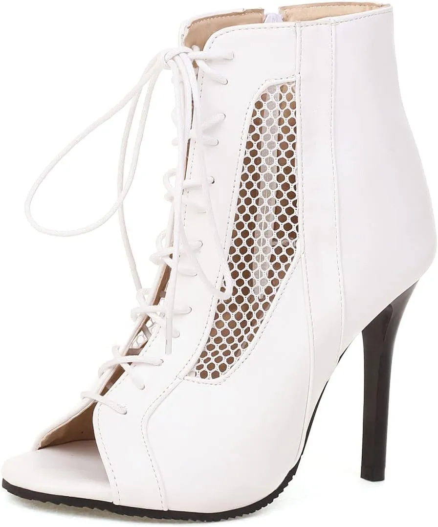 SHEMEE Women's Peep Toe Mesh Cutout Sandals Booties Stiletto High Heels Ankle Boots Gladiator Lace Up Summer Shoes with Side Zip