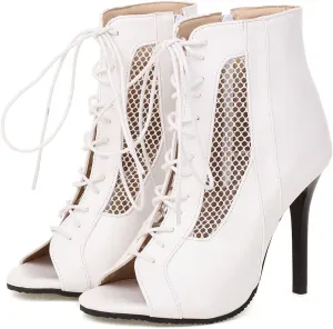 SHEMEE Women's Peep Toe Mesh Cutout Sandals Booties Stiletto High Heels Ankle Boots Gladiator Lace Up Summer Shoes with Side Zip