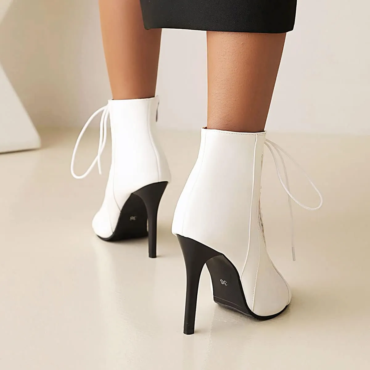 SHEMEE Women's Peep Toe Mesh Cutout Sandals Booties Stiletto High Heels Ankle Boots Gladiator Lace Up Summer Shoes with Side Zip