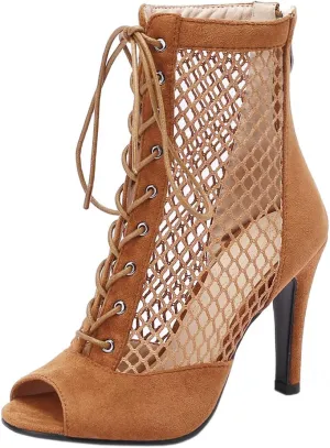 SHEMEE Women's Peep Toe Mesh Stiletto High Heels Ankle Boots Lace Up Summer Fishnet Open-toe Sandals Booties with Back Zipper