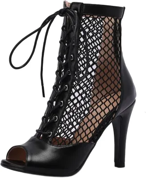 SHEMEE Women's Peep Toe Mesh Stiletto High Heels Ankle Boots Lace Up Summer Fishnet Open-toe Sandals Booties with Back Zipper
