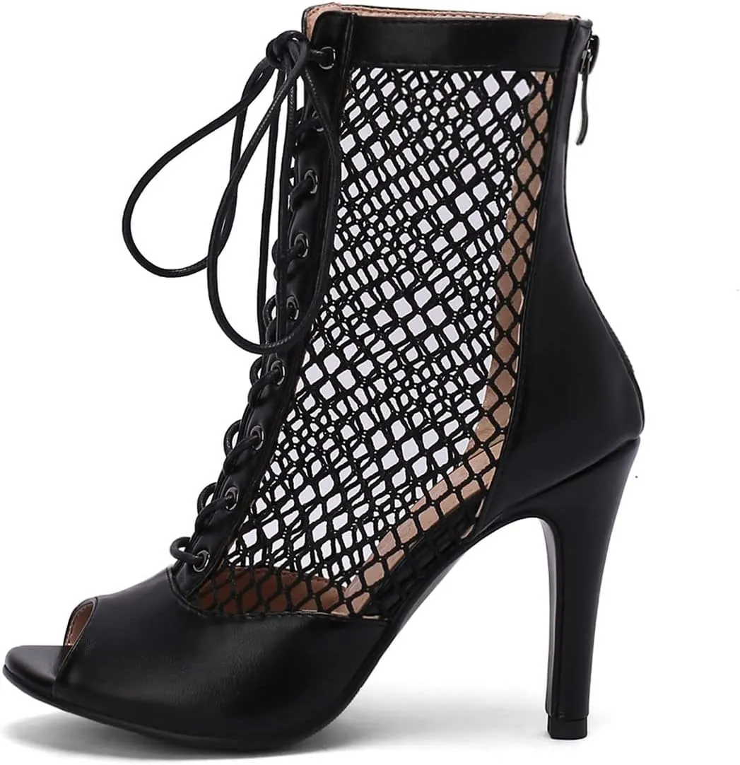 SHEMEE Women's Peep Toe Mesh Stiletto High Heels Ankle Boots Lace Up Summer Fishnet Open-toe Sandals Booties with Back Zipper