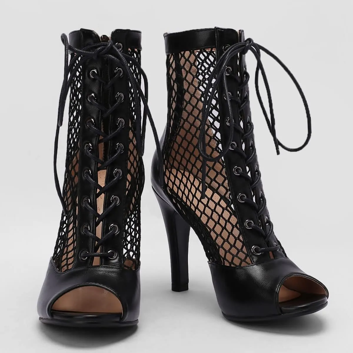 SHEMEE Women's Peep Toe Mesh Stiletto High Heels Ankle Boots Lace Up Summer Fishnet Open-toe Sandals Booties with Back Zipper