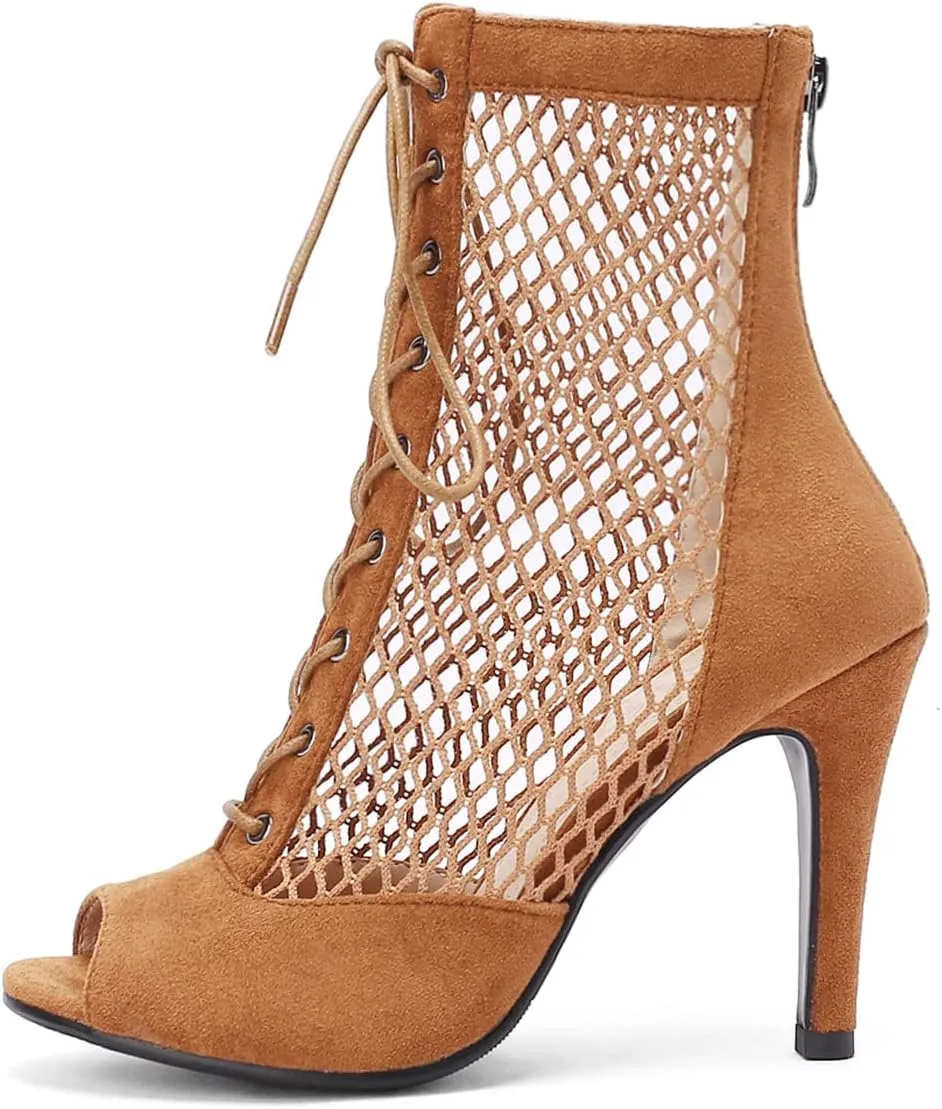 SHEMEE Women's Peep Toe Mesh Stiletto High Heels Ankle Boots Lace Up Summer Fishnet Open-toe Sandals Booties with Back Zipper