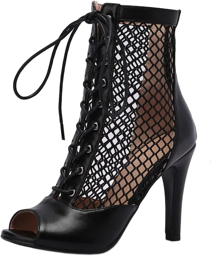 SHEMEE Women's Peep Toe Mesh Stiletto High Heels Ankle Boots Lace Up Summer Fishnet Open-toe Sandals Booties with Back Zipper