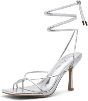 Shoe Land SL-Dafne Womens Strappy Heels Lace up Heeled Sandals Square Open Toe Tie Up Stiletto High Heel Shoes for Prom Party