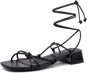 Shoe Land SL-Danica Women's Lace-Up Chunky Low Heels, Strappy Ankle Wrap Heeled Sandals, Square Open Toe Tie-Up Dress Sandals for Holiday, Party, and Wedding