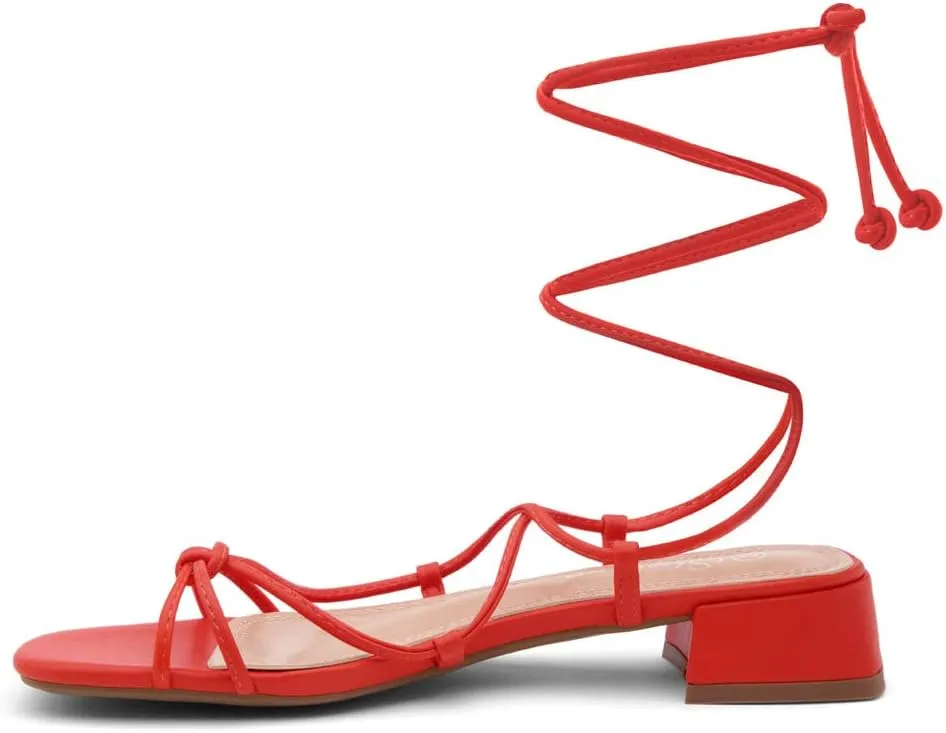 Shoe Land SL-Danica Women's Lace-Up Chunky Low Heels, Strappy Ankle Wrap Heeled Sandals, Square Open Toe Tie-Up Dress Sandals for Holiday, Party, and Wedding