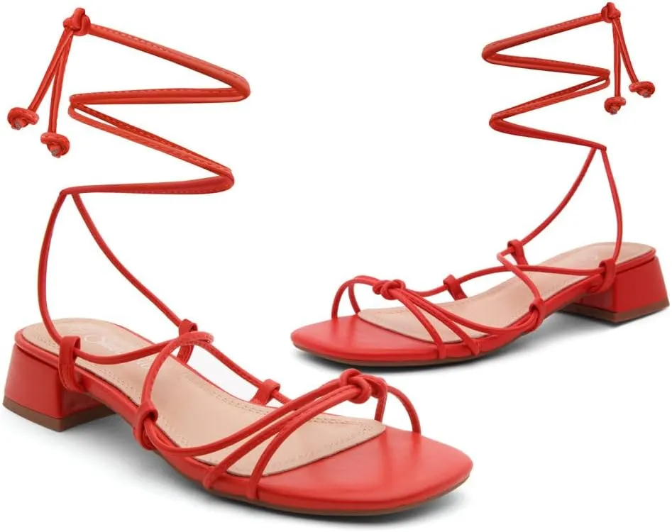 Shoe Land SL-Danica Women's Lace-Up Chunky Low Heels, Strappy Ankle Wrap Heeled Sandals, Square Open Toe Tie-Up Dress Sandals for Holiday, Party, and Wedding