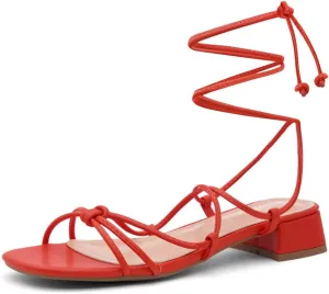Shoe Land SL-Danica Women's Lace-Up Chunky Low Heels, Strappy Ankle Wrap Heeled Sandals, Square Open Toe Tie-Up Dress Sandals for Holiday, Party, and Wedding