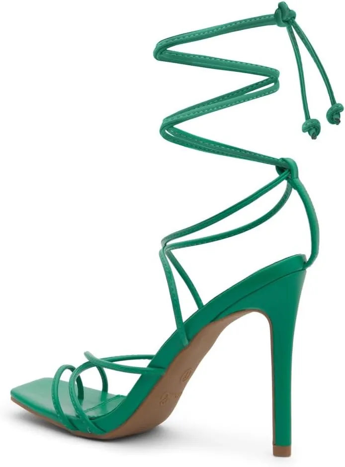 Shoe Land SL-Finely Women's Lace-Up Heels, Square Open Toe Ankle Wrap Tie-Up Heeled Sandals, 4-Inch Stiletto Strappy Dress Sandals for Party, Wedding, and Prom