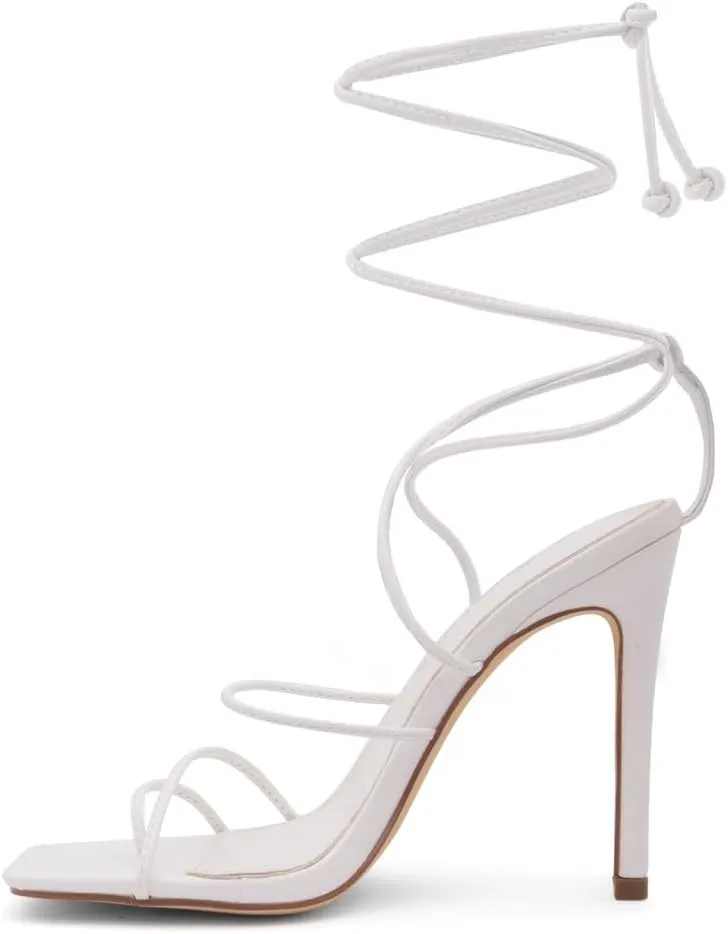 Shoe Land SL-Finely Women's Lace-Up Heels, Square Open Toe Ankle Wrap Tie-Up Heeled Sandals, 4-Inch Stiletto Strappy Dress Sandals for Party, Wedding, and Prom