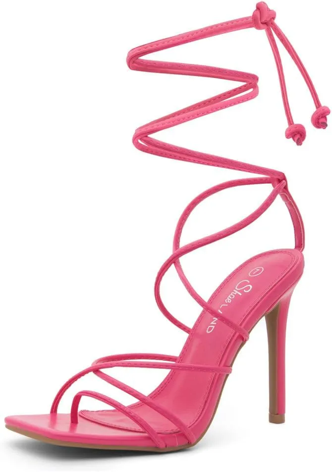 Shoe Land SL-Finely Women's Lace-Up Heels, Square Open Toe Ankle Wrap Tie-Up Heeled Sandals, 4-Inch Stiletto Strappy Dress Sandals for Party, Wedding, and Prom