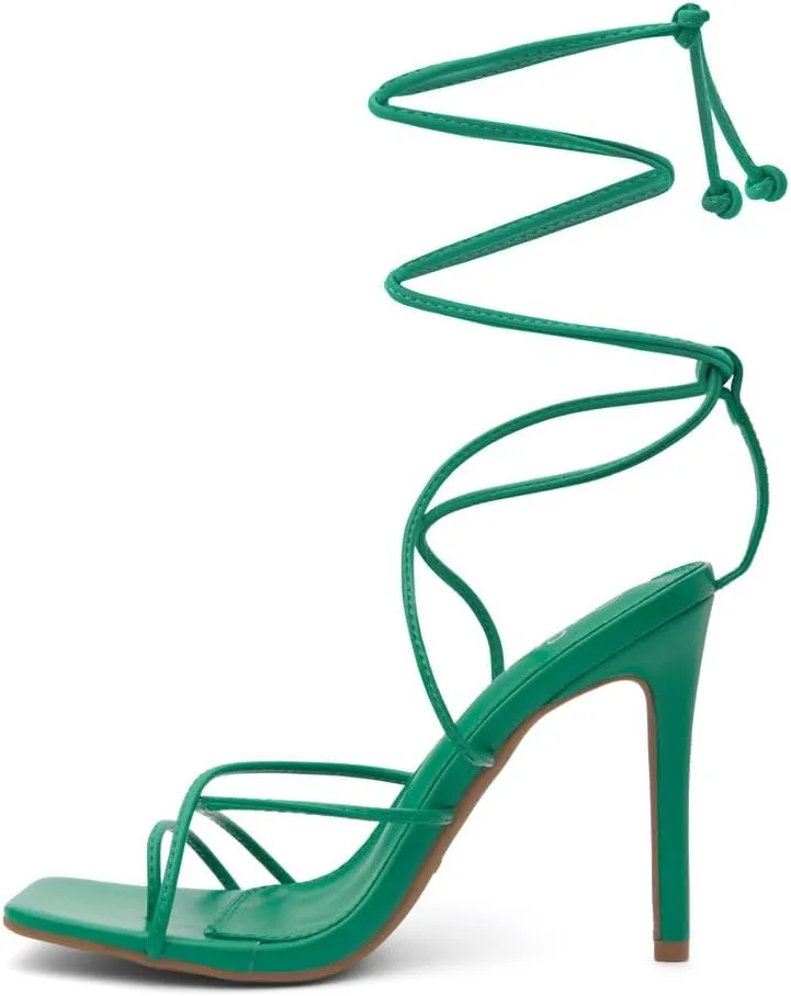 Shoe Land SL-Finely Women's Lace-Up Heels, Square Open Toe Ankle Wrap Tie-Up Heeled Sandals, 4-Inch Stiletto Strappy Dress Sandals for Party, Wedding, and Prom