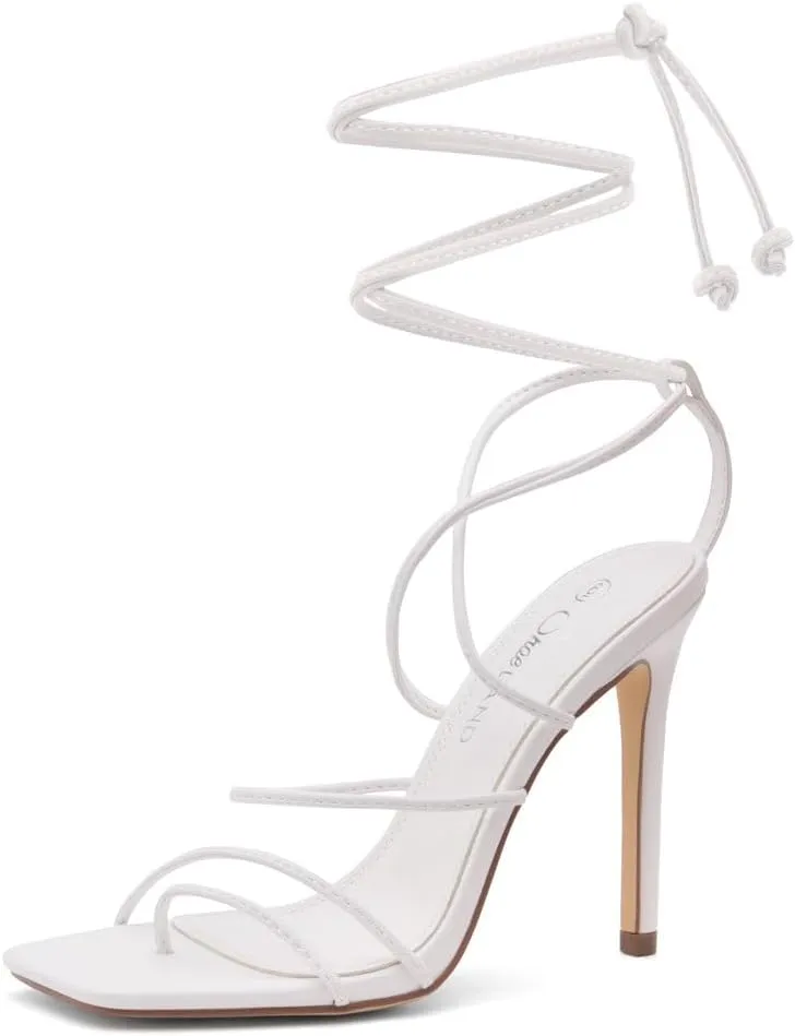 Shoe Land SL-Finely Women's Lace-Up Heels, Square Open Toe Ankle Wrap Tie-Up Heeled Sandals, 4-Inch Stiletto Strappy Dress Sandals for Party, Wedding, and Prom
