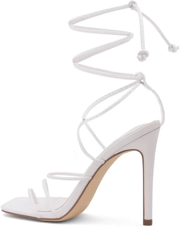 Shoe Land SL-Finely Women's Lace-Up Heels, Square Open Toe Ankle Wrap Tie-Up Heeled Sandals, 4-Inch Stiletto Strappy Dress Sandals for Party, Wedding, and Prom