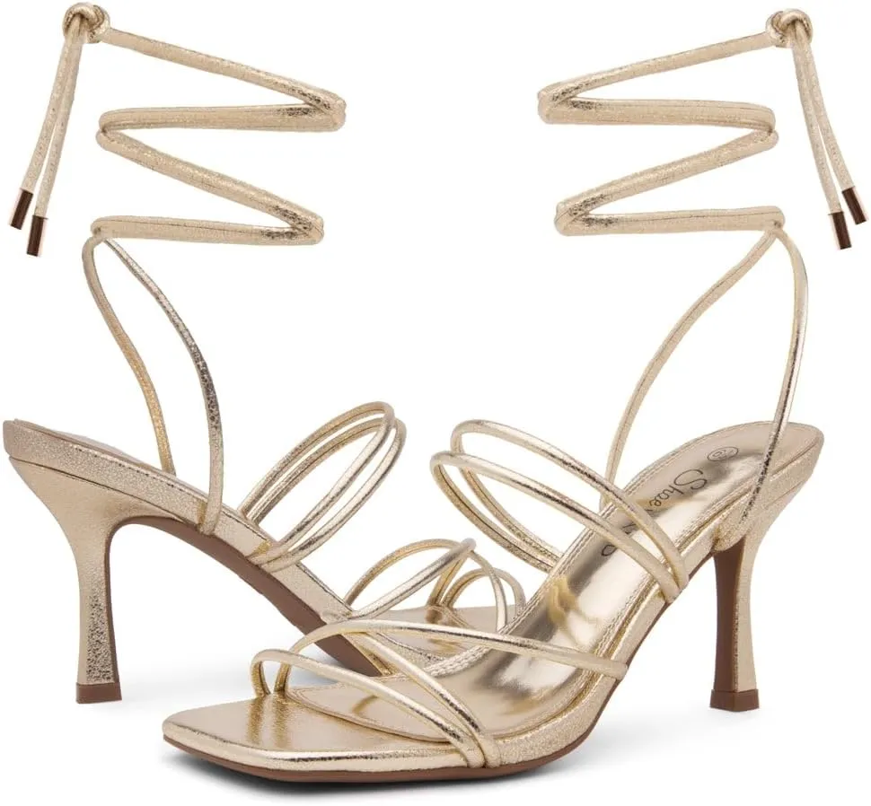 Shoe Land SL-Lumi Women's Lace-Up Heels, Square Open Toe Strappy Heeled Sandals, Ankle Wrap Tie-Up High Heels, Dressy Stiletto Heels for Prom, Wedding, and Party
